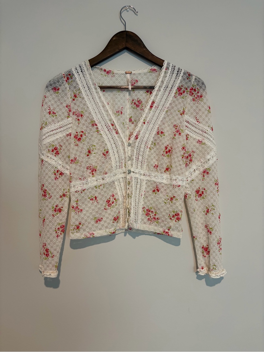 Free People Floral Lace Cardigan M Rose Print Coquette Cottagecore Romantic